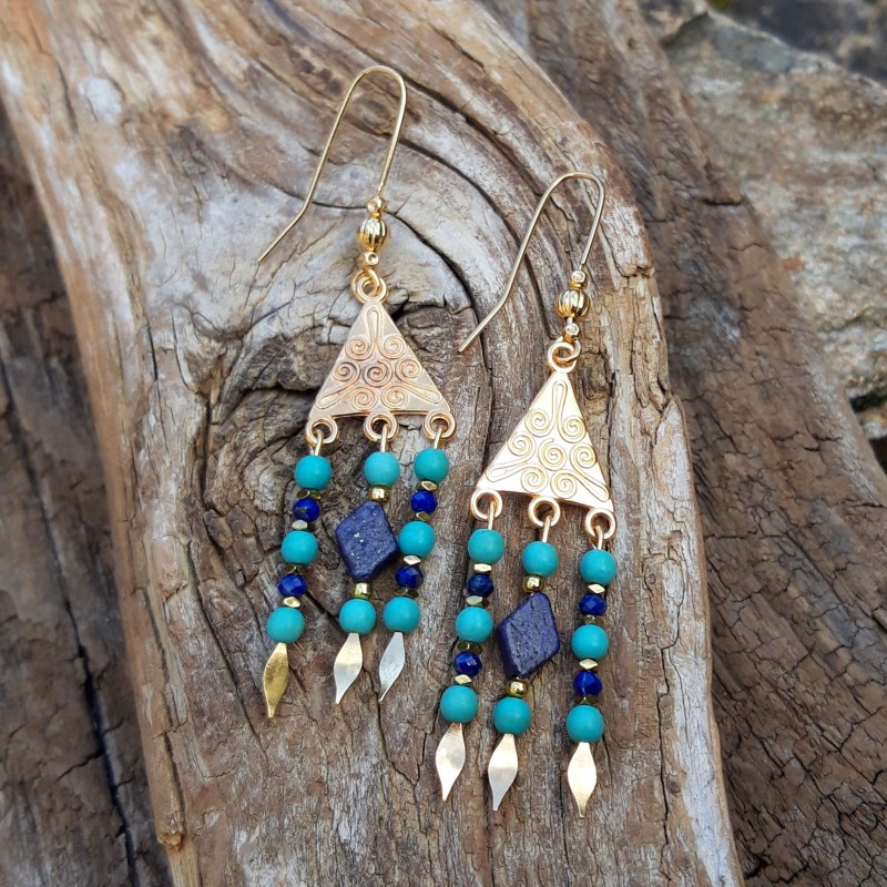 boucles d oreilles turquoise lapis lazuli en metal dore 4