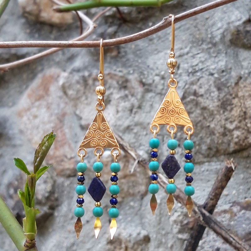 boucles d oreilles turquoise lapis lazuli en metal dore