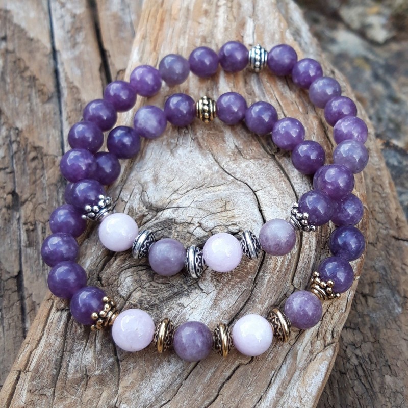 bracelet lepidolite et kunzite en metal argente ou dore