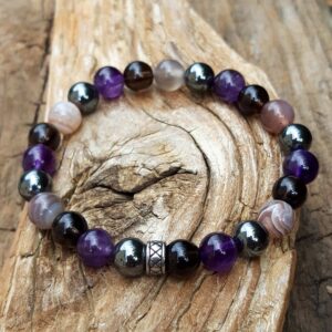 bracelet anti tabac, anti alcool et anti addictions en pierres naturelles de 8 mm, améthyste, agate du Bostwana, hématite, quartz fumé
