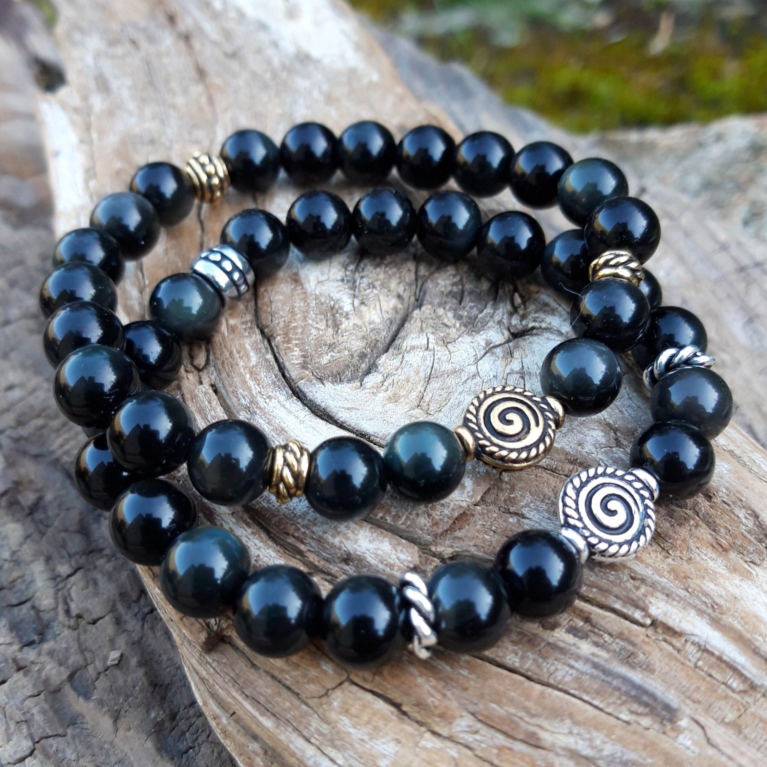 Bracelet Obsidienne Oeil Céleste avec perles argentées ou dorées - Lithothérapie – Image 3