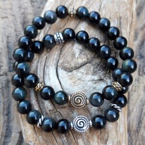 bracelet Obsidienne Oeil Céleste de 8 mm avec perle argentée ou dorée