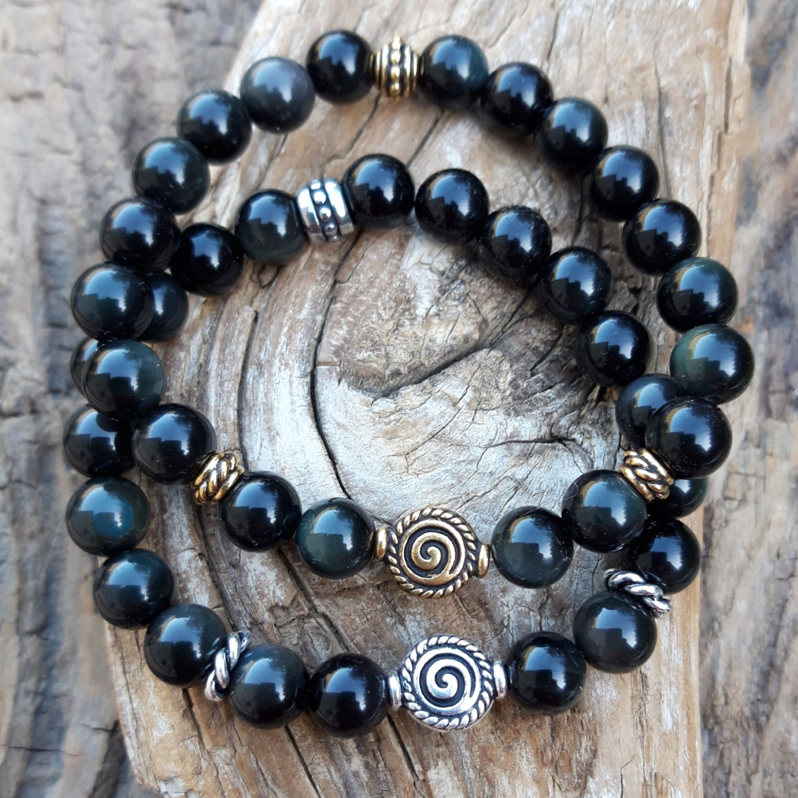 bracelet Obsidienne Oeil Céleste de 8 mm avec perle argentée ou dorée
