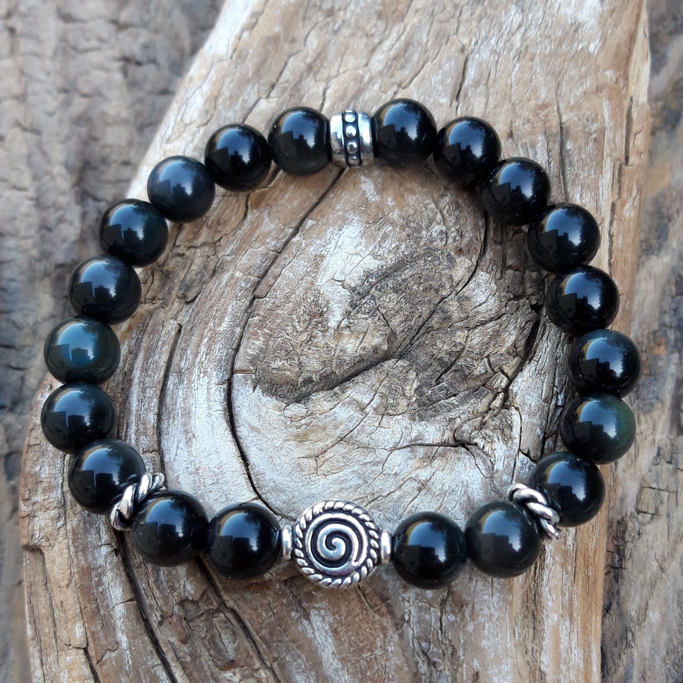 Bracelet Obsidienne Oeil Céleste avec perles argentées ou dorées - Lithothérapie – Image 2