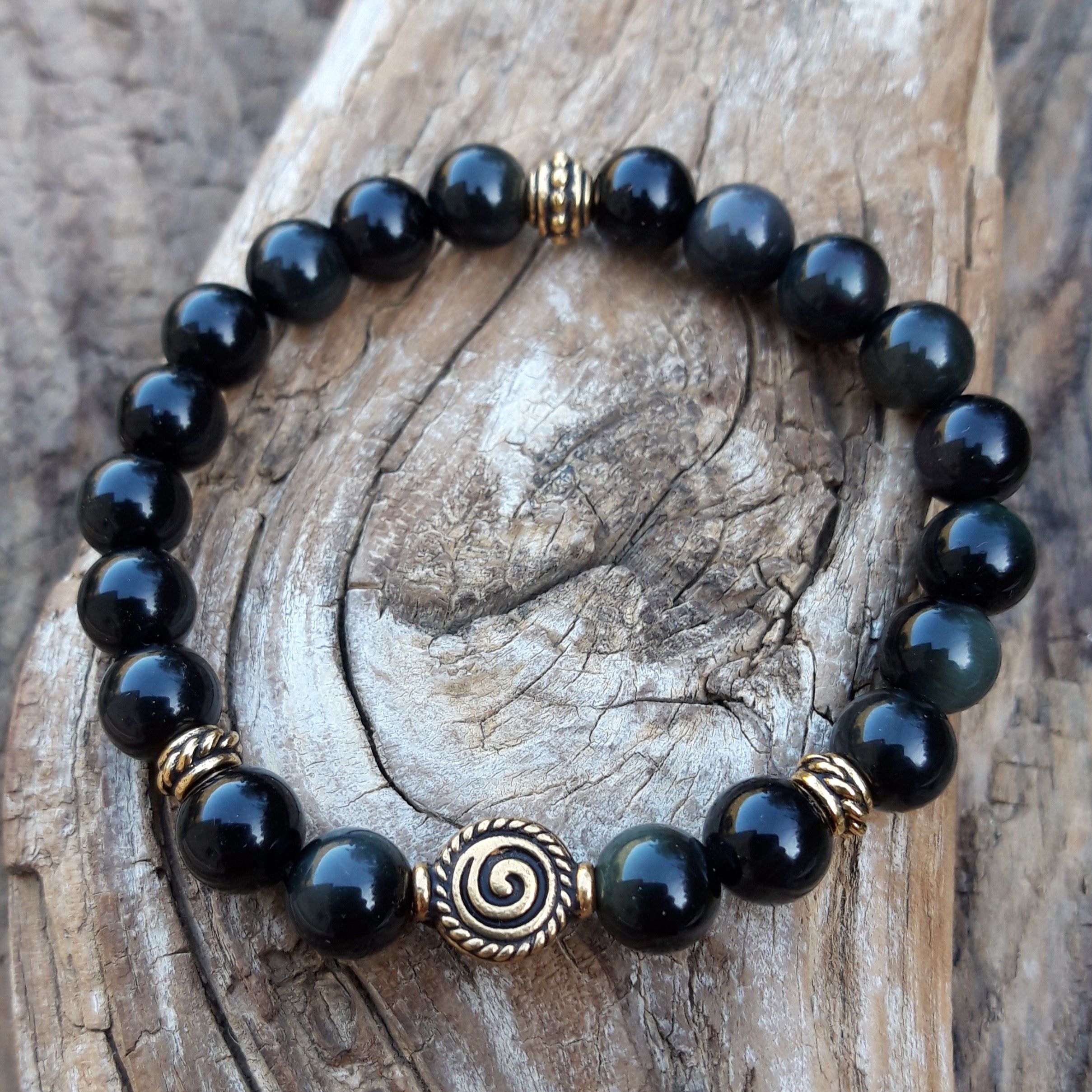 Bracelet Obsidienne Oeil Céleste avec perles argentées ou dorées - Lithothérapie – Image 4