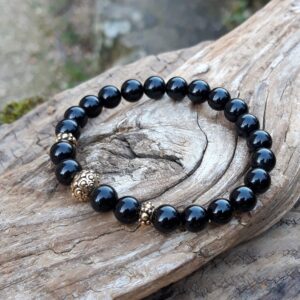 Alternative view of Bracelet Tourmaline noire avec perle style Bali dorée