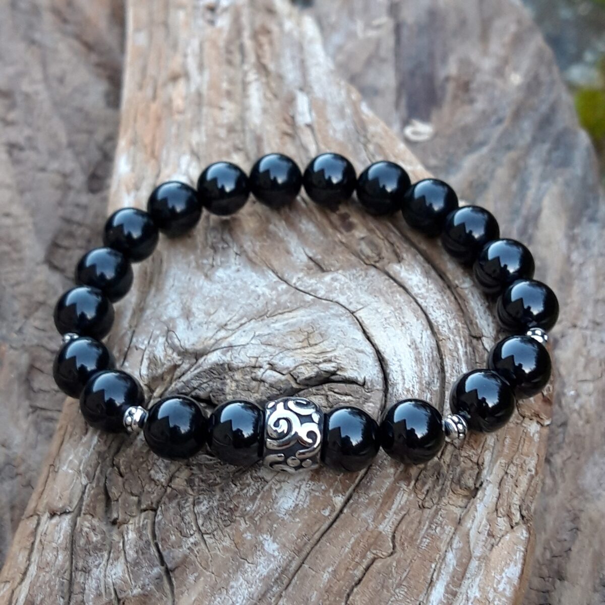 bracelet en spinelle noir et perle acier inoxydable