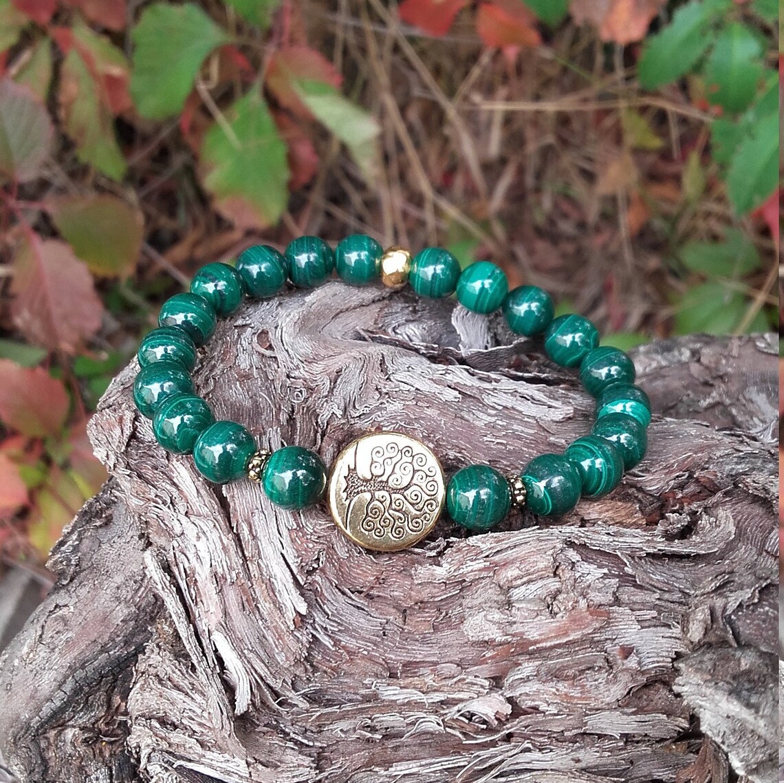 bracelet malachite et arbre de vie en métal doré