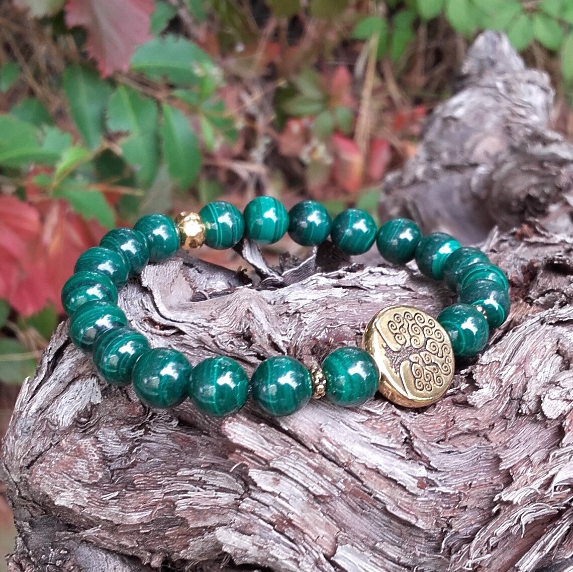 bracelet malachite et arbre de vie en métal doré
