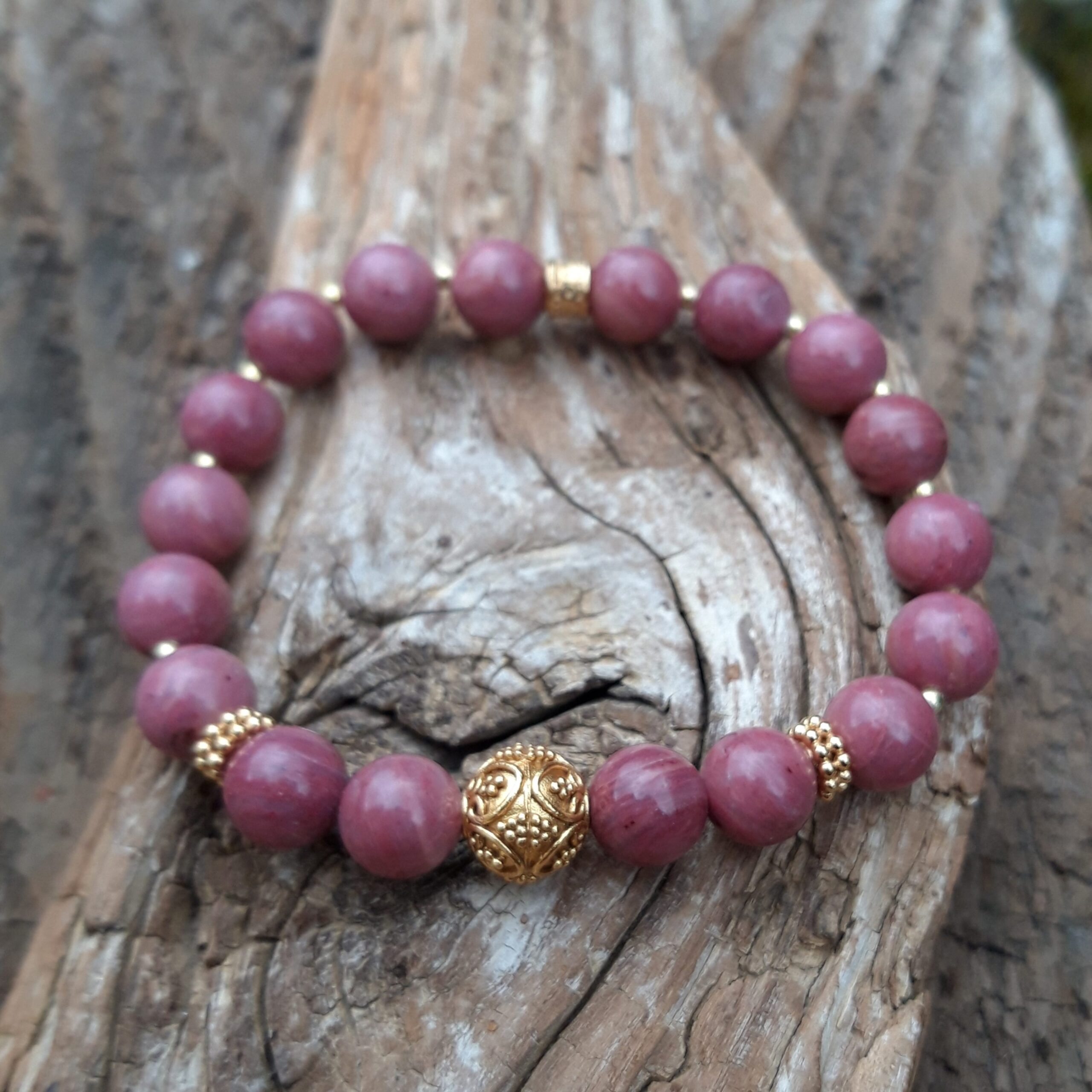 Bracelet en Rhodonite de 8 mm et perle de Bali en Vermeil