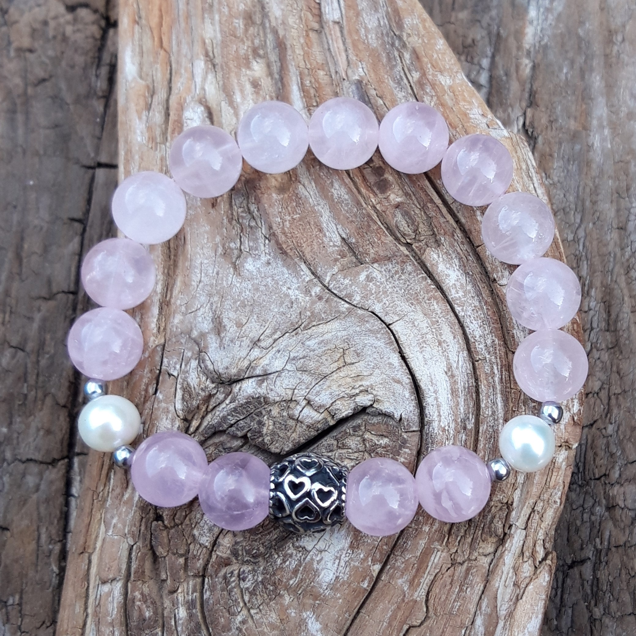 Bracelet en quartz rose perles de 10 mm, perles de Culture et perle cœurs en acier inoxydable