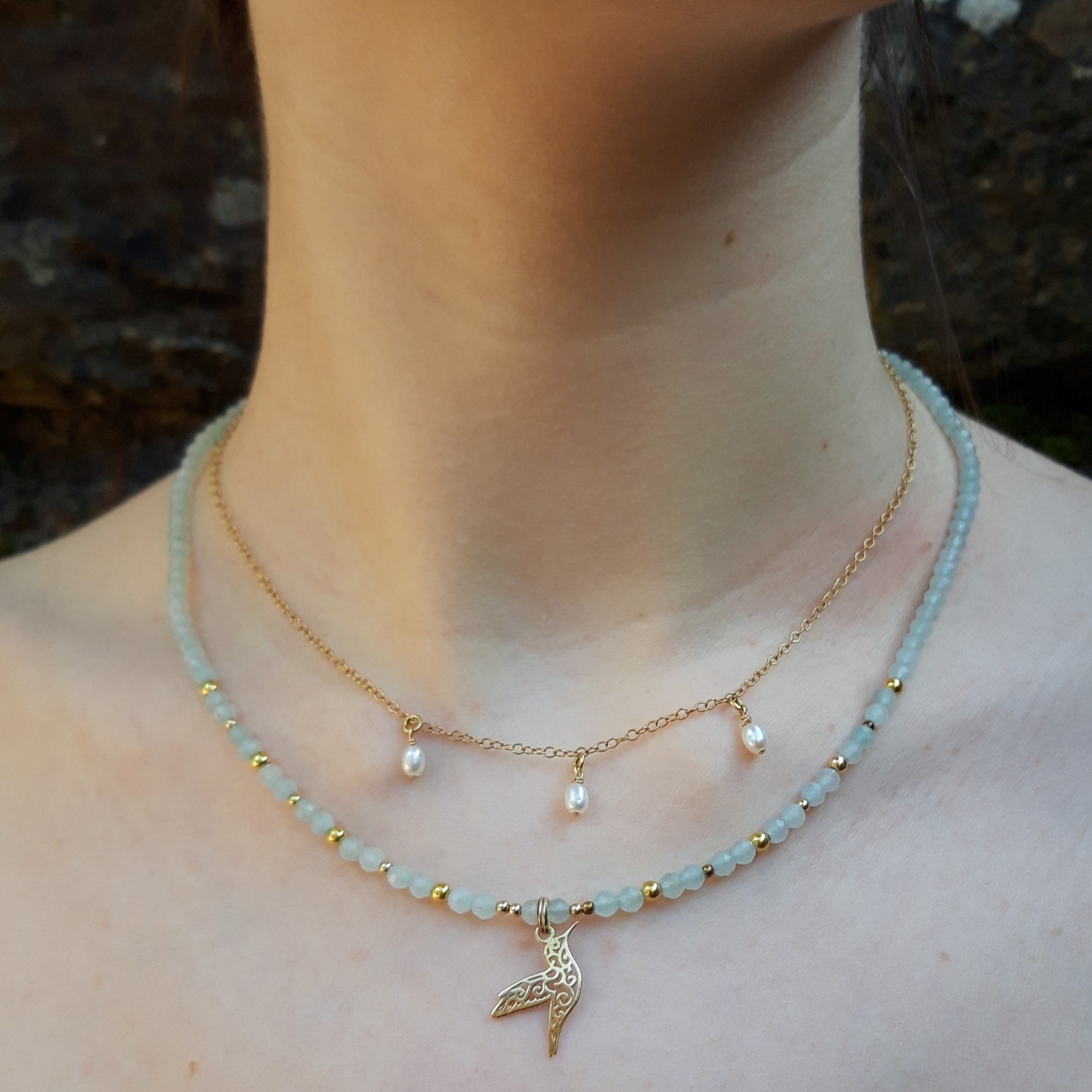 Collier Aigue-marine et Perles de culture en vermeil avec pendentif colibri