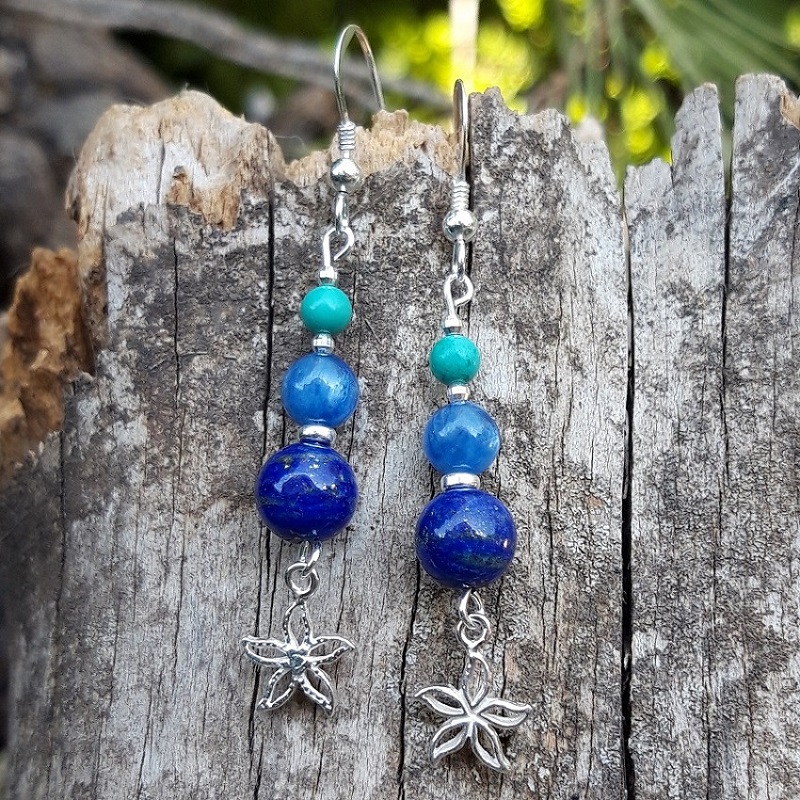 Boucles d'oreilles Lapis-lazuli, Cyanite et Turquoise en Argent 925 – Image 2