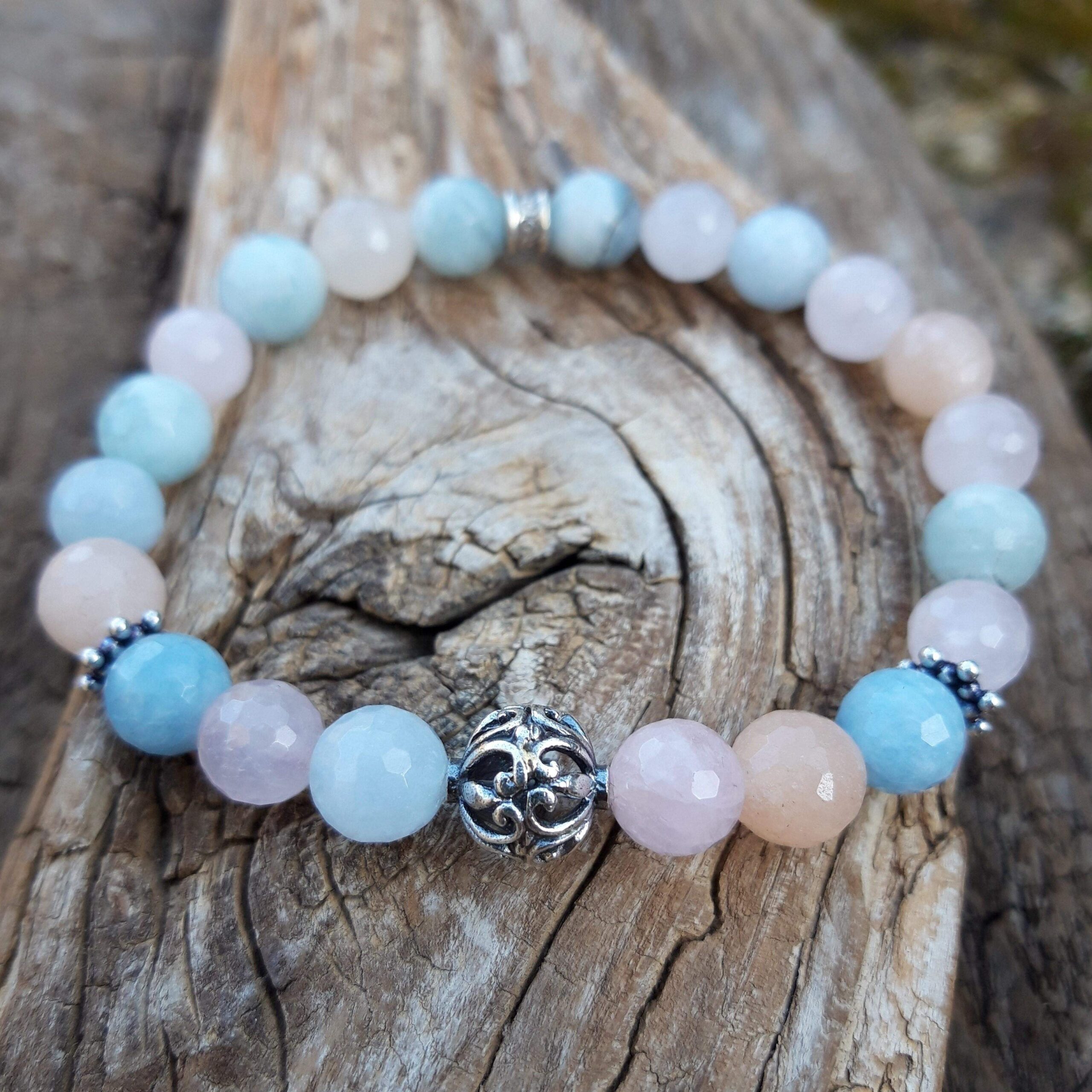 Bracelet Béryl, Aigue-marine, Morganite et perle de Bali
