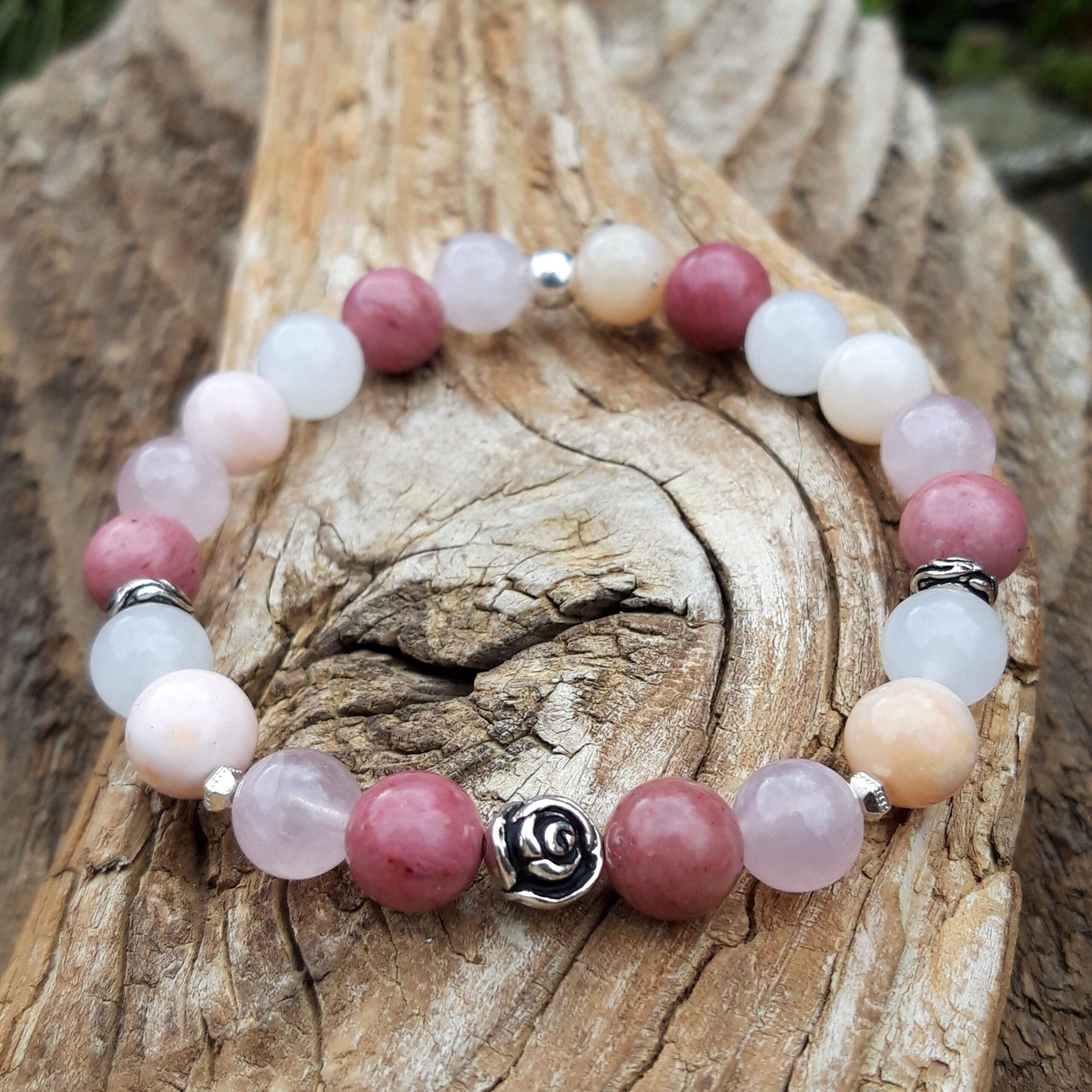bracelet rhodonite, quartz rose, opale rose, jade blanc