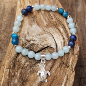 Bracelet en aigue-marine, apatite, lapis-lazuli, breloque tortue argent 925