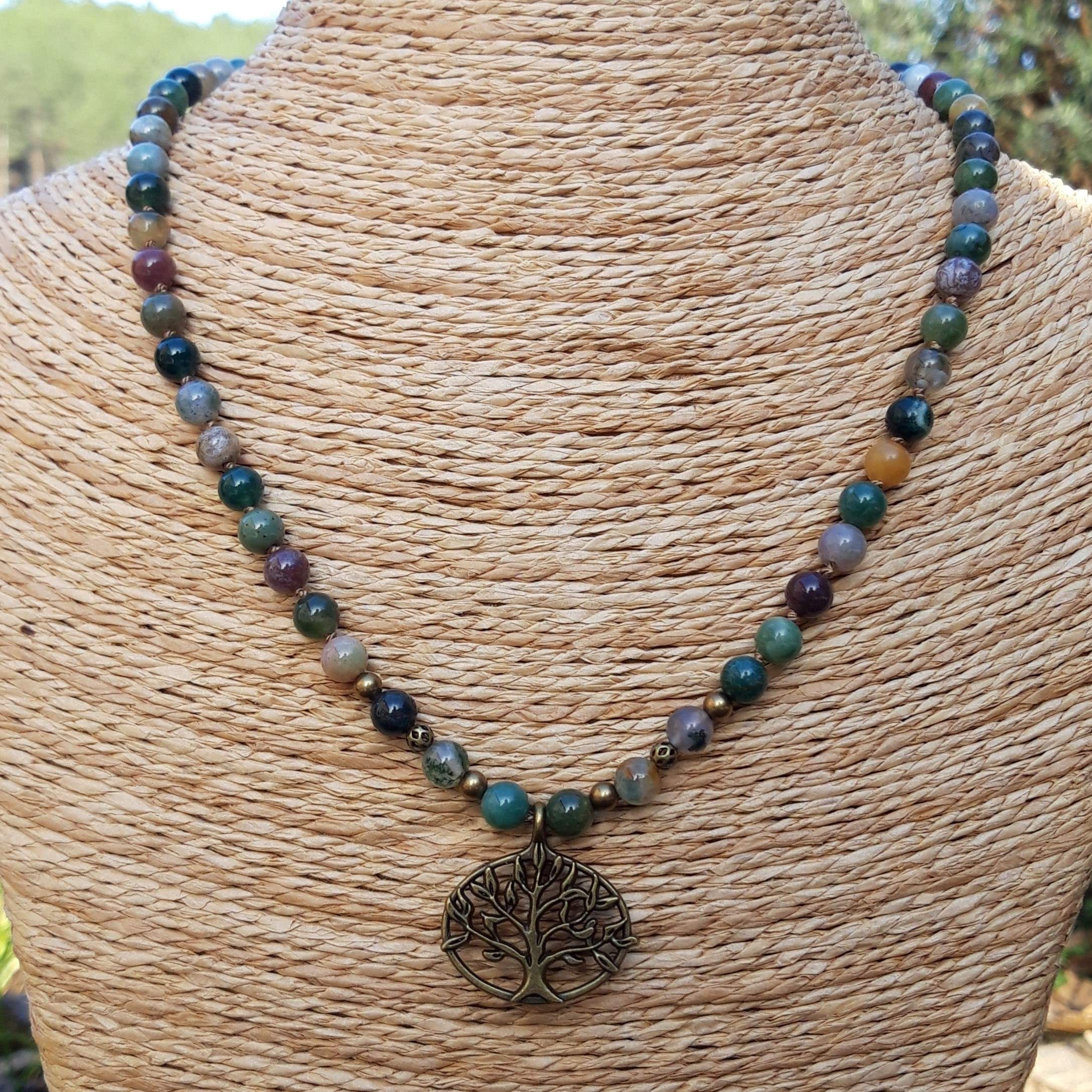 Collier Agate en Agate Indienne avec pendentif Arbre de vie
