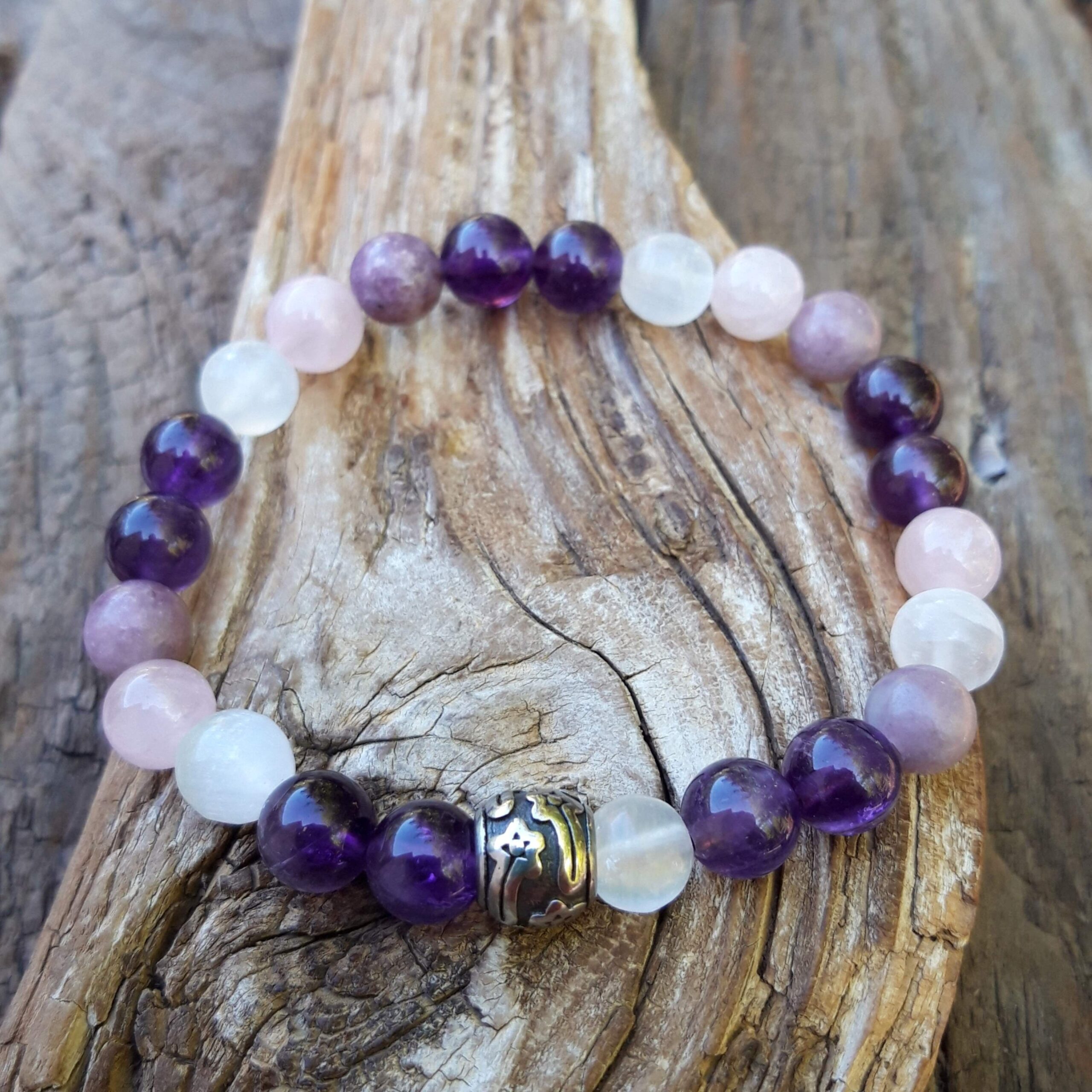 bracelet pour le sommeil, améthyste, sélénite, quartz rose et lépidolite, perles de 8 mm