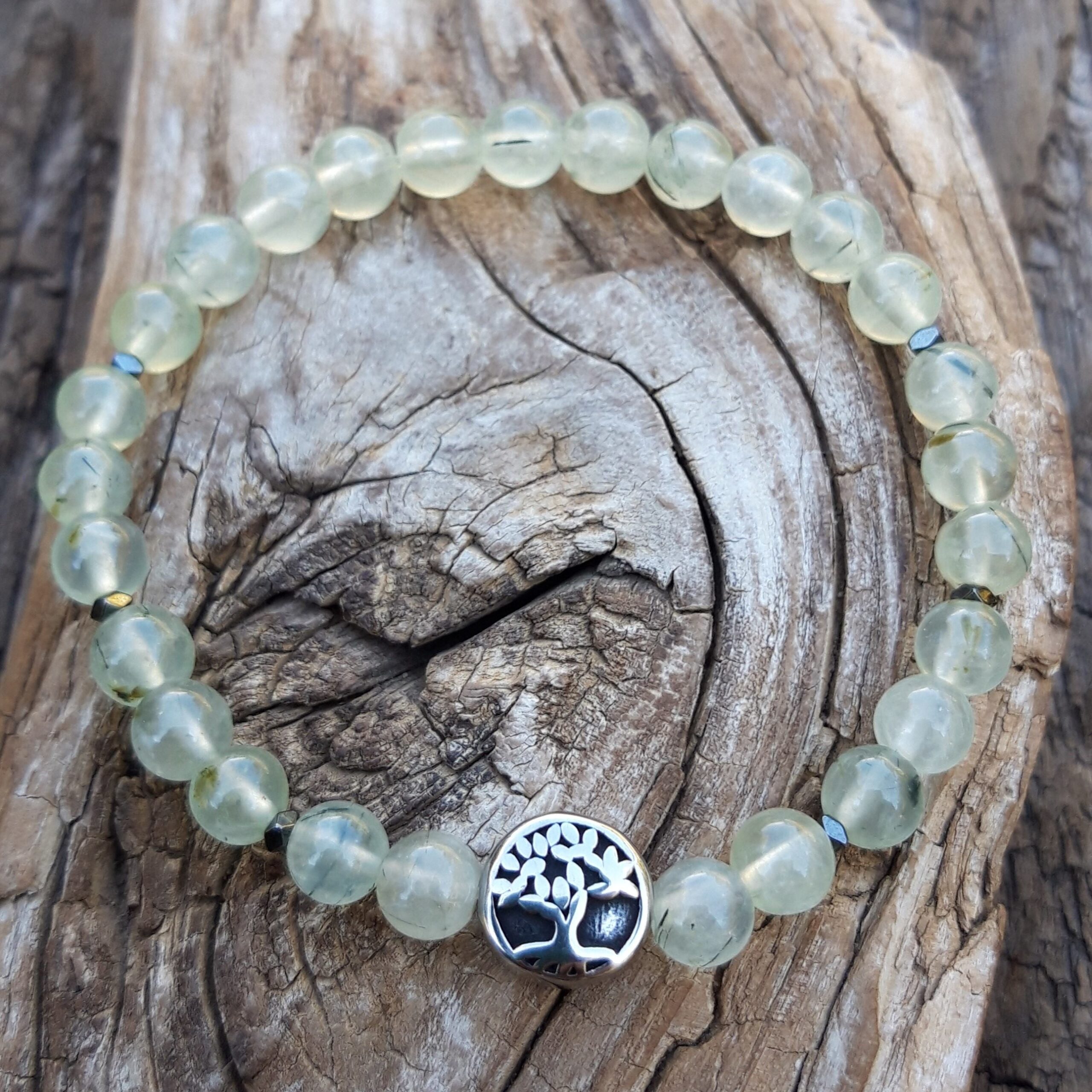 bracelet préhnite de 6 mm, perle arbre de vie acier inoxydable