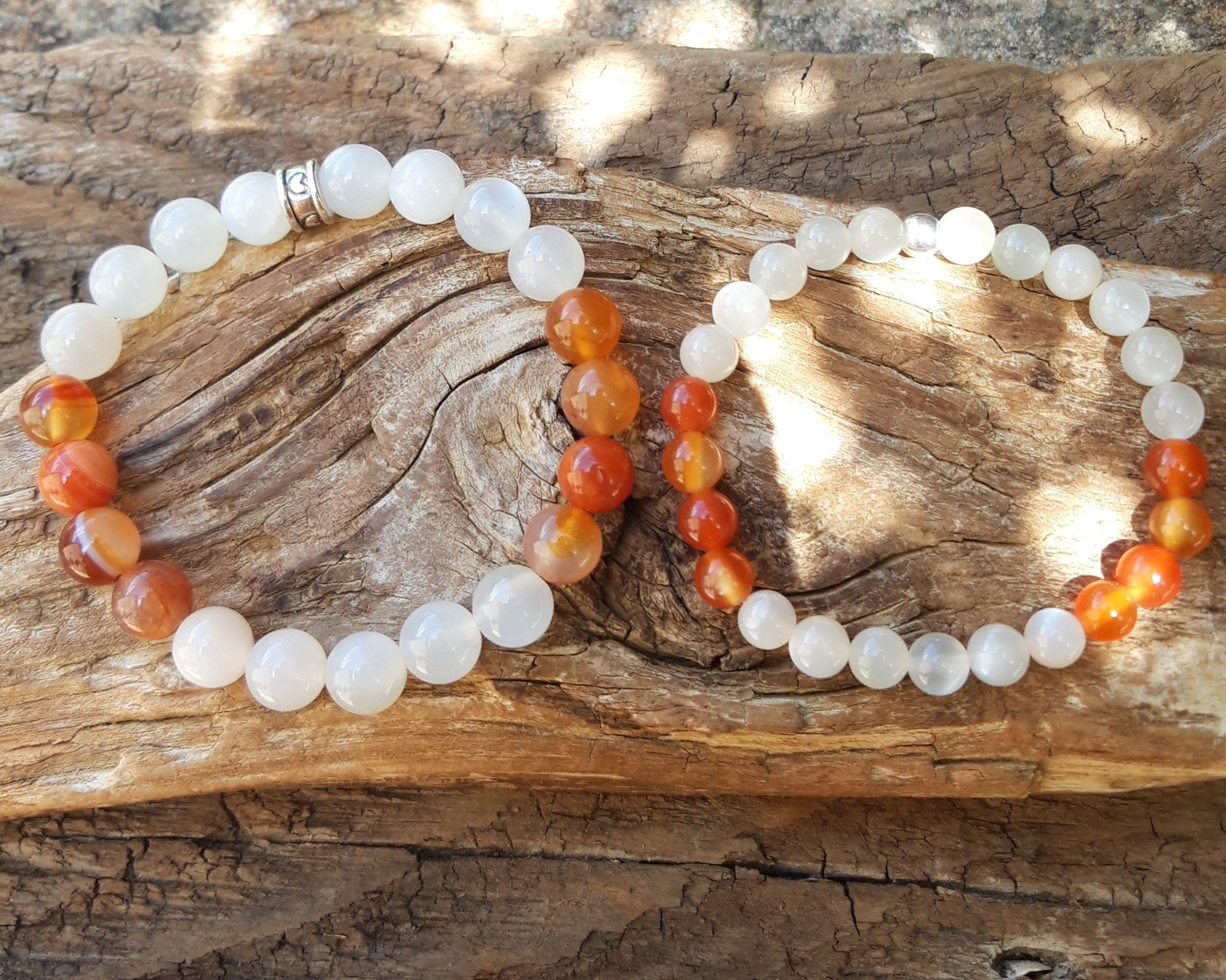 bracelet fertilité en pierre de lune et cornaline, perle en 6 mm ou 8 mm