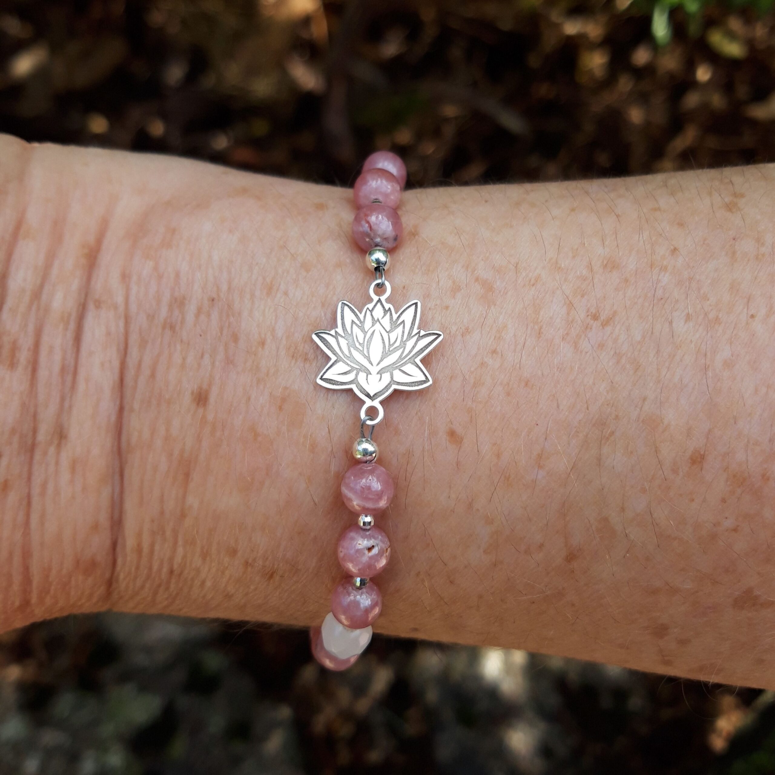 Bracelet Rhodochrosite, Jade blanc et Lotus en Argent 925 - Perles 6 mm – Image 2
