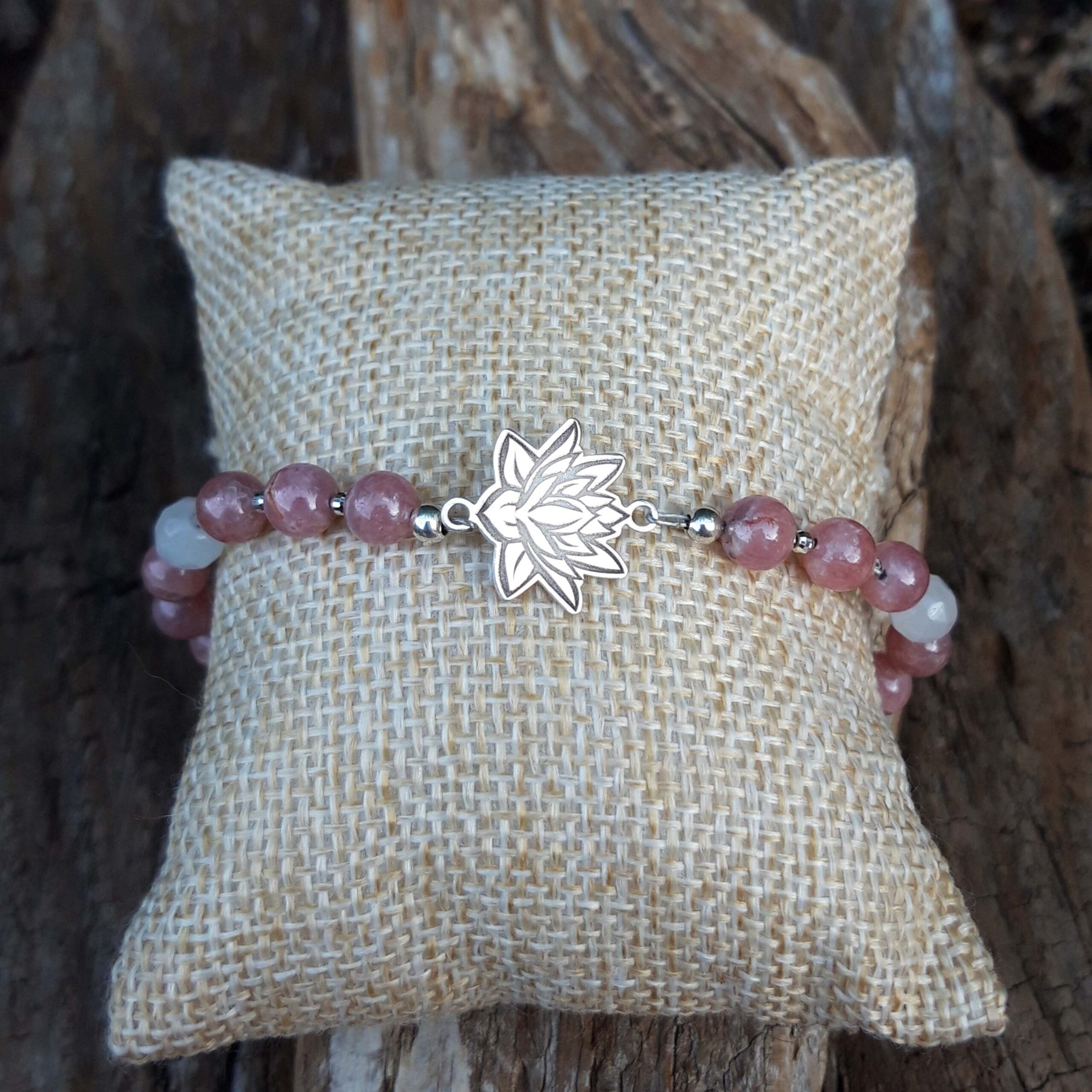 Bracelet Rhodochrosite, Jade blanc et Lotus en Argent 925 - Perles 6 mm – Image 5