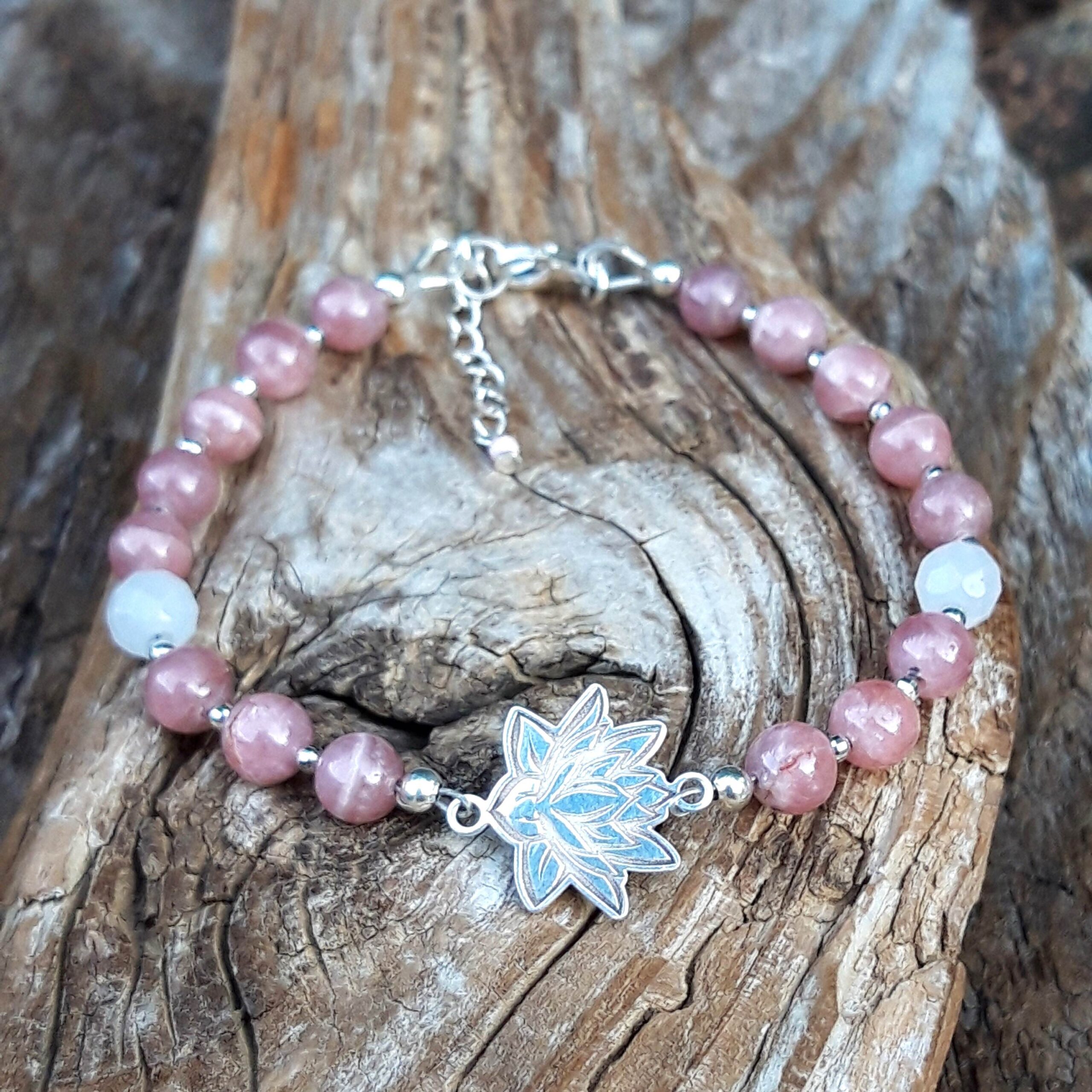 Bracelet rhodochrosite, jade blanc, Lotus en Argent 925
