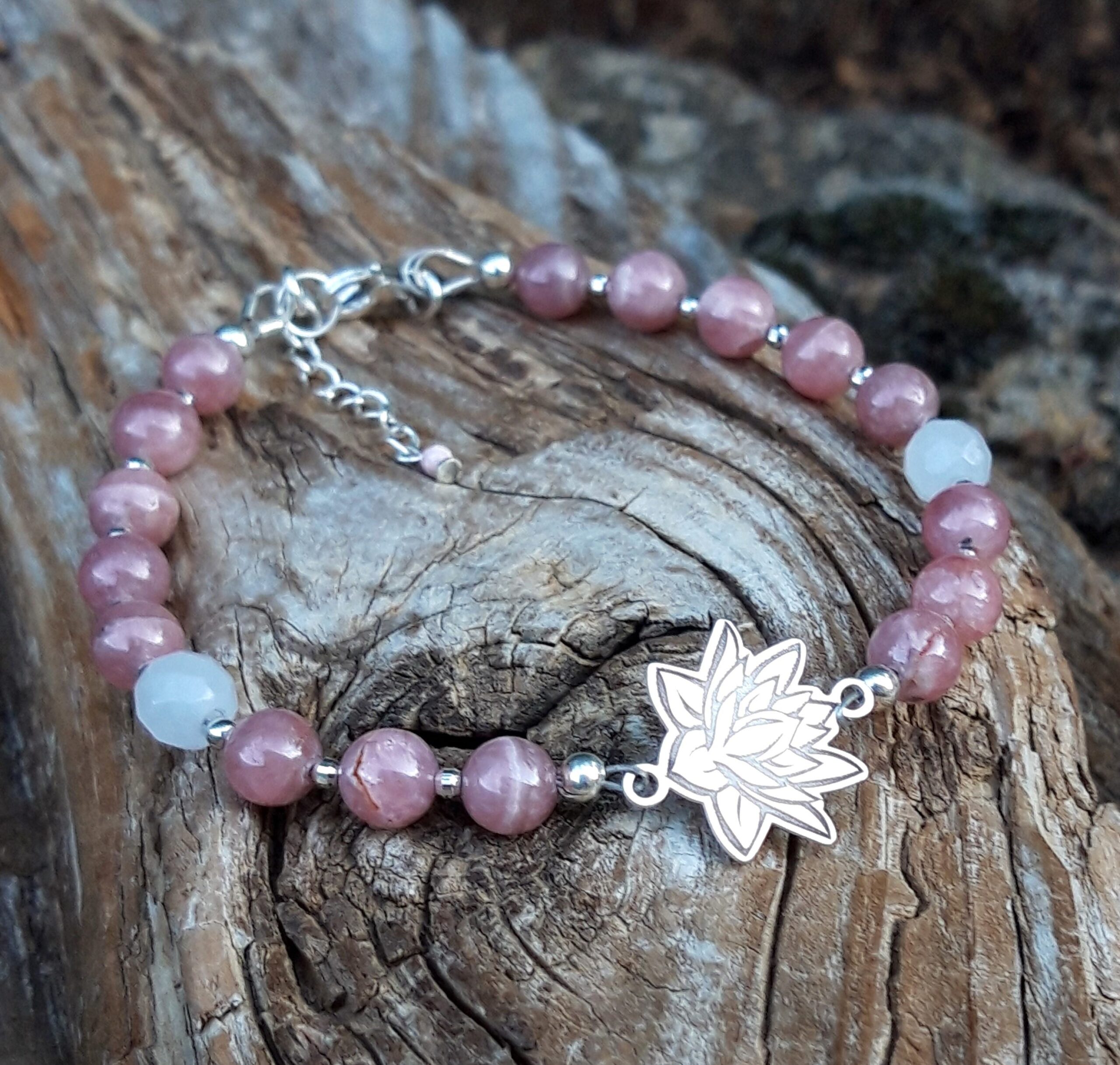 Bracelet Rhodochrosite, Jade blanc et Lotus en Argent 925 - Perles 6 mm – Image 3