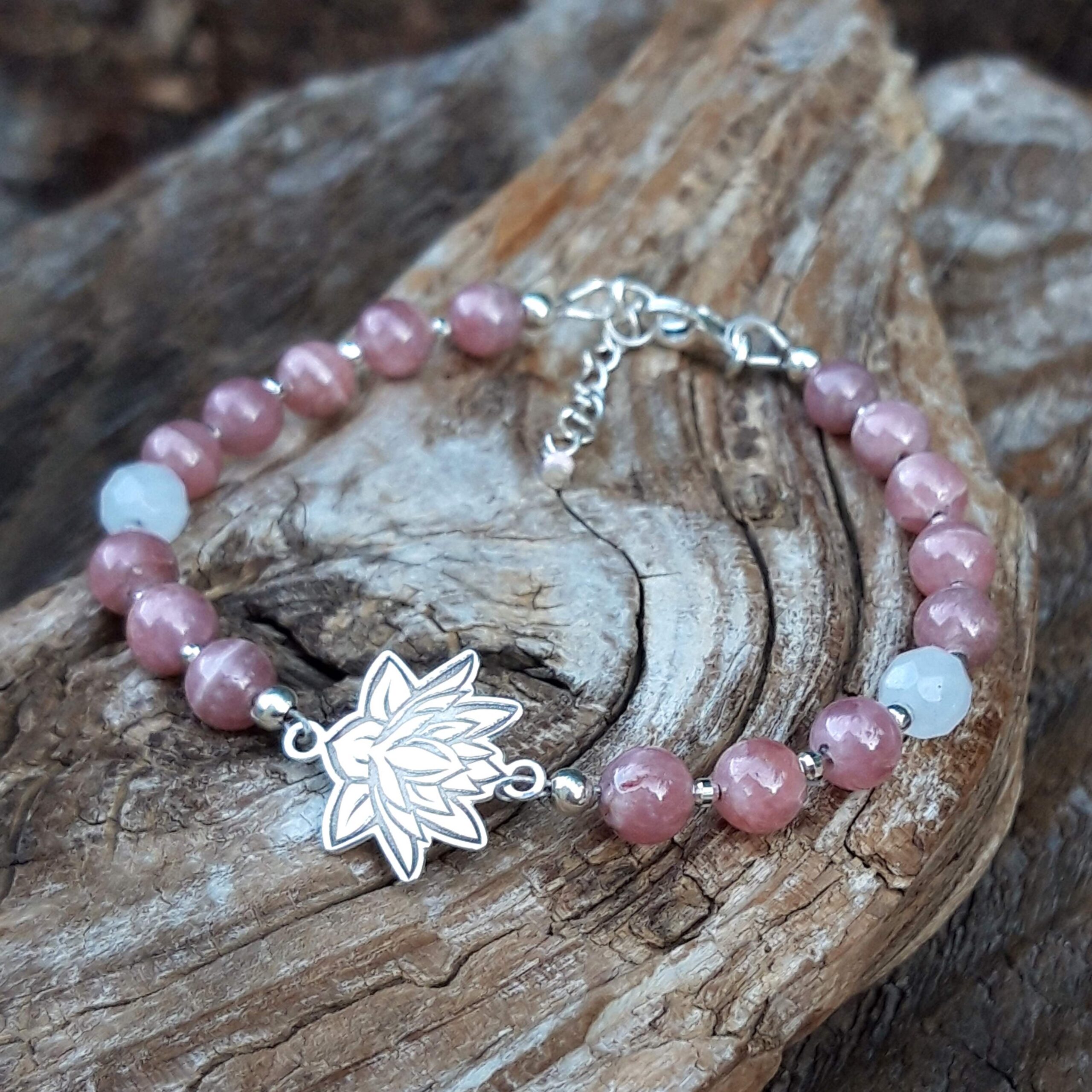 Bracelet Rhodochrosite, Jade blanc et Lotus en Argent 925 - Perles 6 mm – Image 4