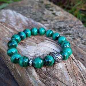 Alternative view of Bracelet "Arthrite" en Malachite et perle feuilles argentée