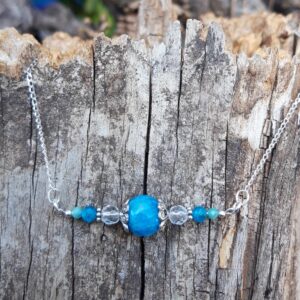 Collier Apatite bleue, Cristal de roche et Amazonite en Argent 925