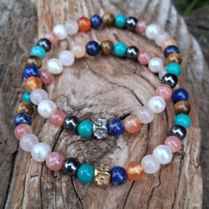 bracelet chemin de vie, perles de 6 mm avec perle fleur en acier inoxydable argentée ou dorée