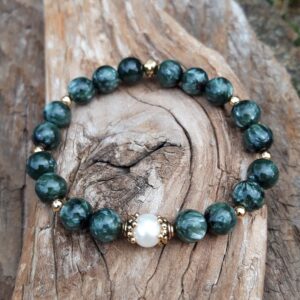 Bracelet Séraphinite avec une perle de Culture blanche en métal doré