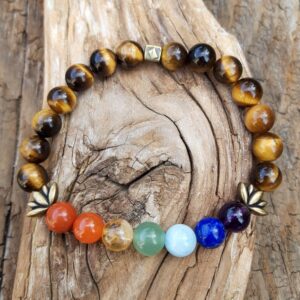bracelet 7 chakras en œil de tigre de 8 mm avec perle lotus en métal bronze