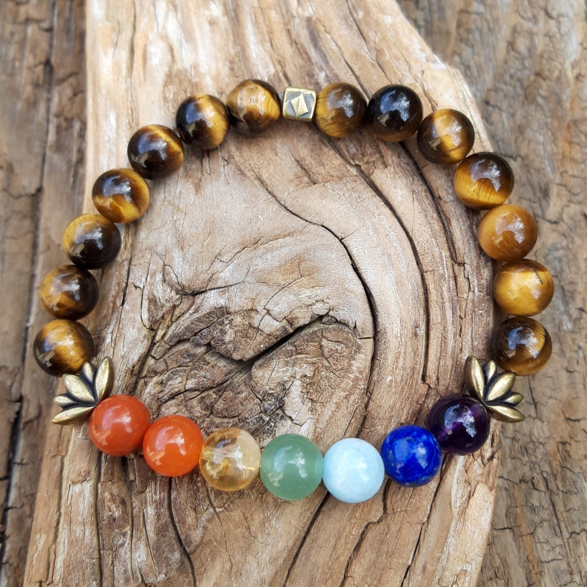 bracelet 7 chakras en œil de tigre de 8 mm avec perle lotus en métal bronze