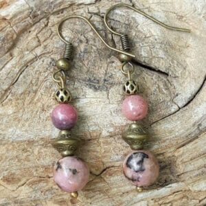 Boucles d'oreilles en Rhodonite et métal bronze – Image 4