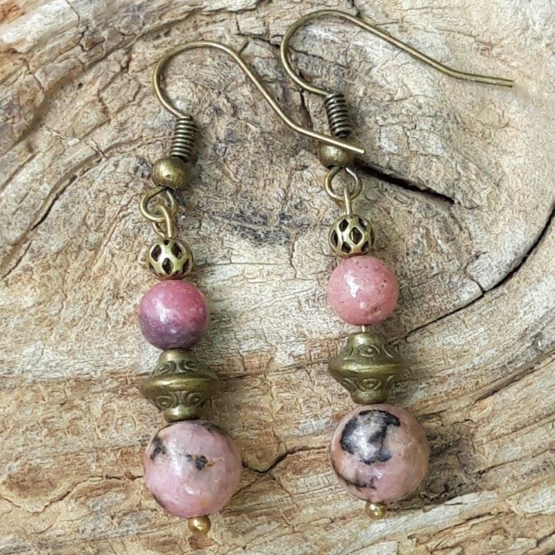 Boucles d'oreilles en Rhodonite et métal bronze – Image 4