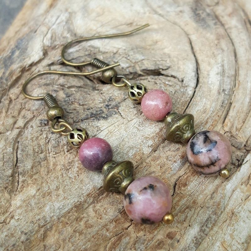 Boucles d'oreilles en Rhodonite et métal bronze – Image 2