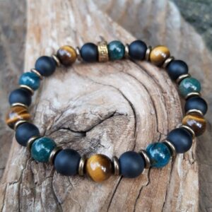 bracelet oeil de tigre, apatite et agate noir, perles de 8 mm