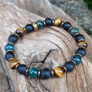 Alternative view of Bracelet Œil de tigre, Apatite et Agate noire en métal bronze