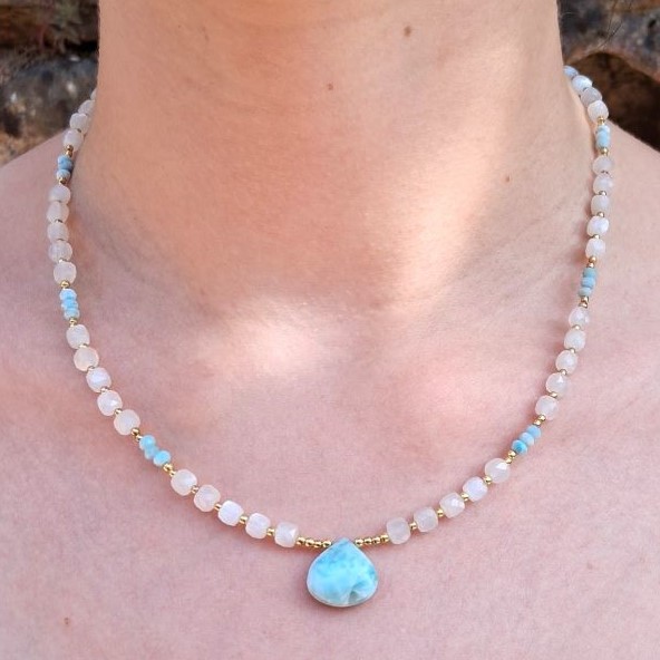 Collier Pierre de lune et Larimar en Vermeil – Image 2