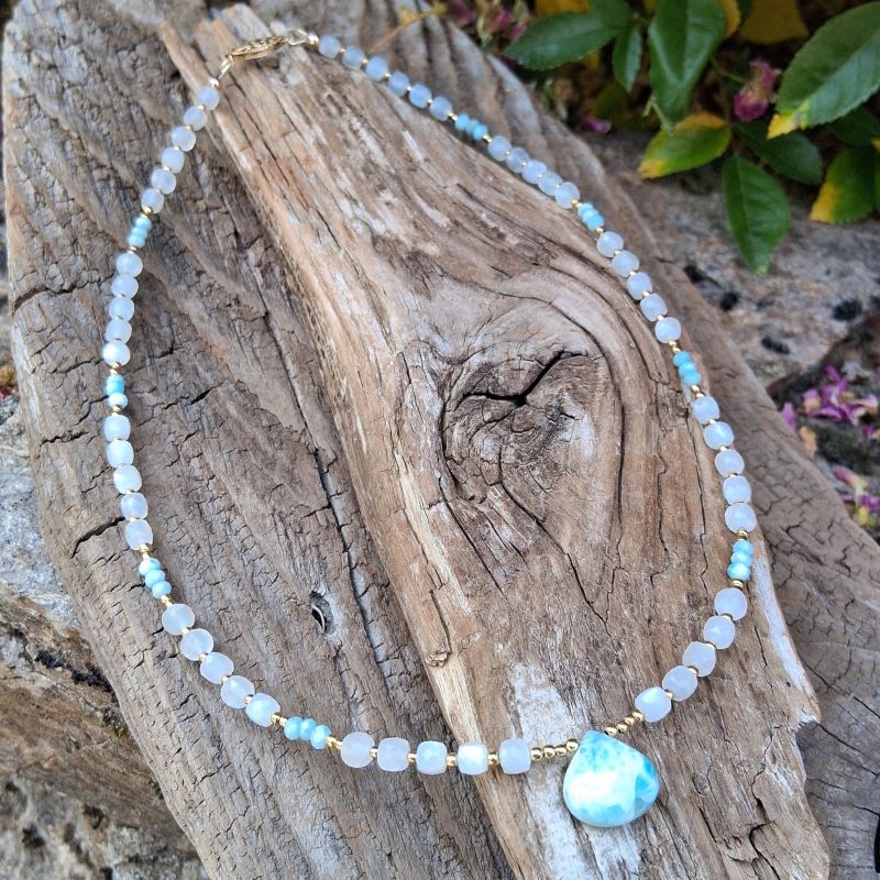 Collier en Pierre de lune et Larimar en Vermeil