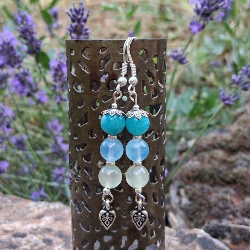 Boucles d'oreilles en Amazonite, Aigue-marine et Préhnite en Argent 925
