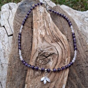 Collier Améthyste, quartz rose, Cristal de roche en argent 925 avec un pendentif pétales en Cristal