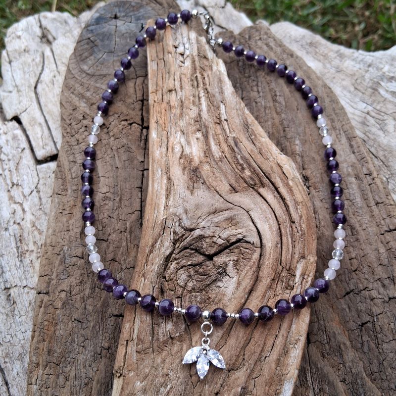 Collier Améthyste, quartz rose, Cristal de roche en argent 925 avec un pendentif pétales en Cristal