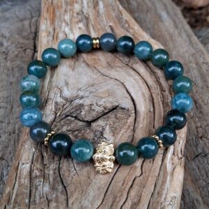 bracelet agate mousse, perles de 8 mm, perle fleur de lotus dorée en acier inoxydable
