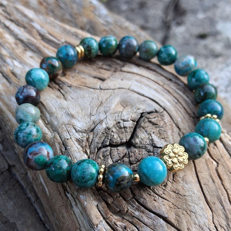 Bracelet Chrysocolle perle fleur dorée – Image 7