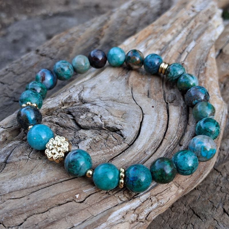 Bracelet Chrysocolle perle fleur dorée – Image 4