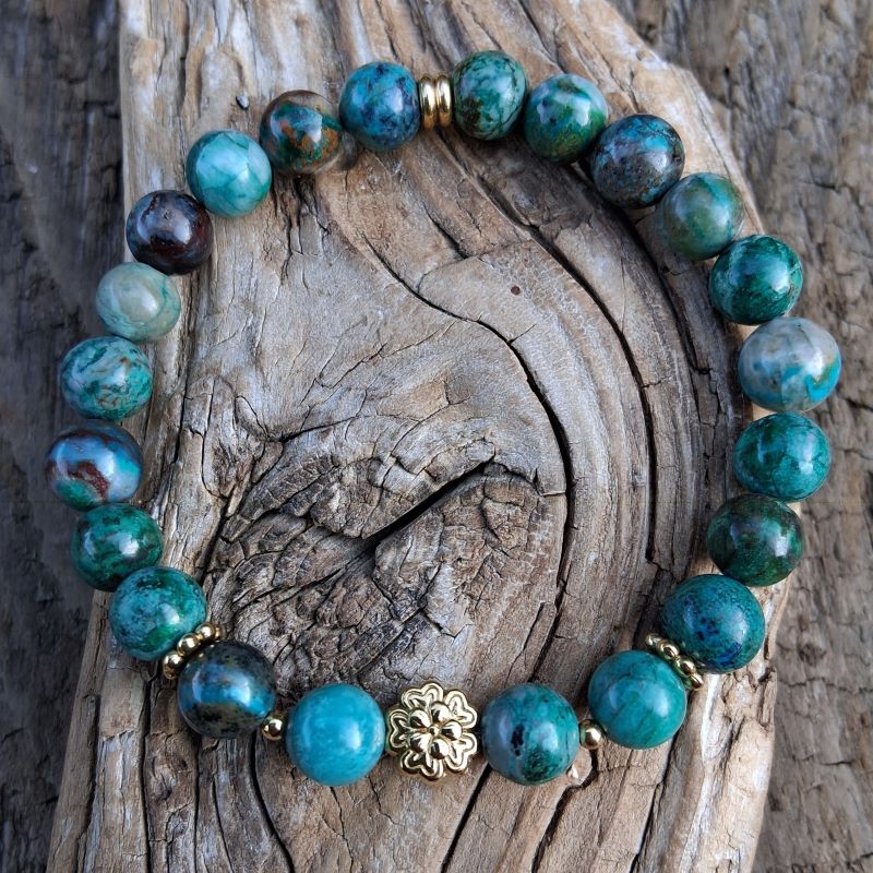 Bracelet Chrysocolle perle fleur dorée – Image 3