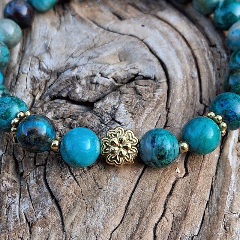 Bracelet Chrysocolle perle fleur dorée – Image 2